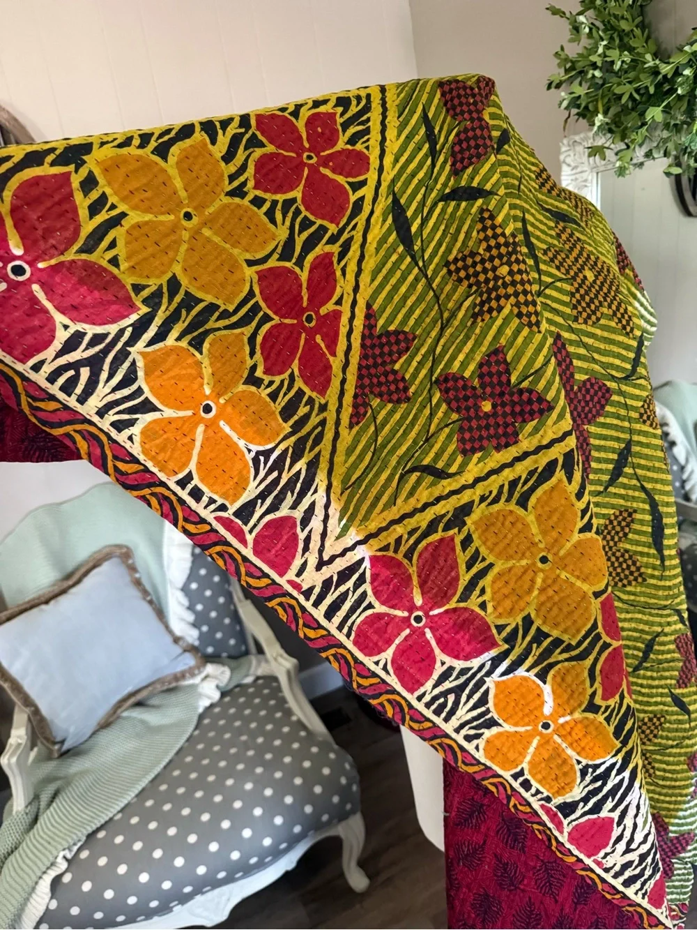 ConneXions Fair Trade Kantha Quilt Throw Recycled Sari Handmade India Boho 36x80